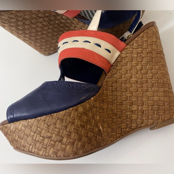 Y2K Jessica Simpson Leather Blue and Red Wedge Sandals Nautical Design Summer - Picture 12 of 14
